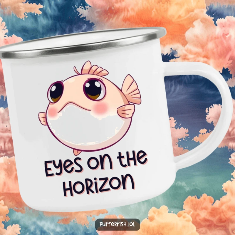 Funny pufferfish camping mug with wide, curious eyes looking around, a durable and humorous drinkware for explorers.