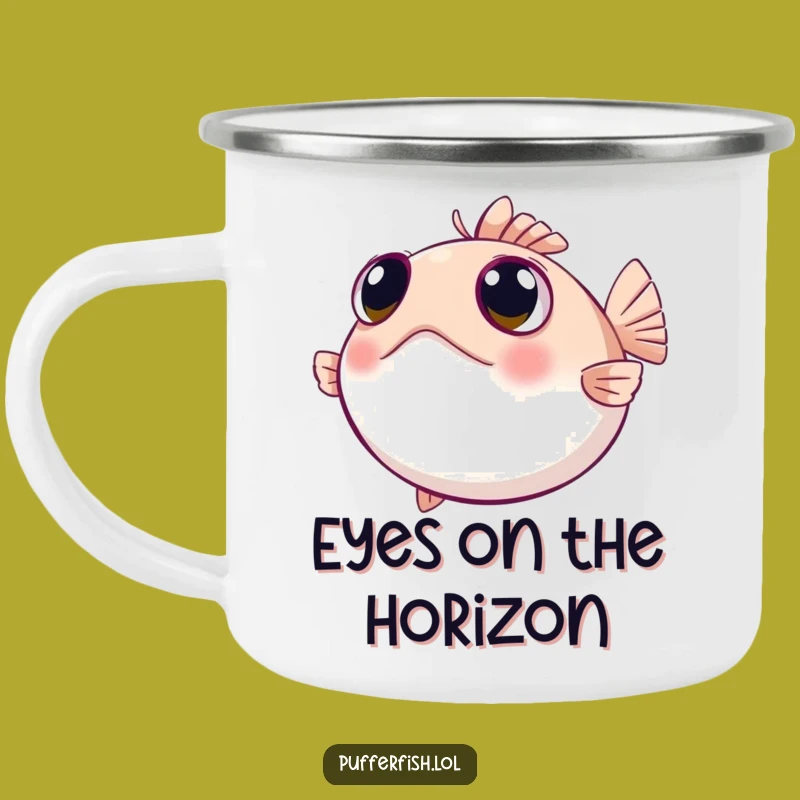 Funny Curious Pufferfish Camping Mug: Wide-Eyed Adventures