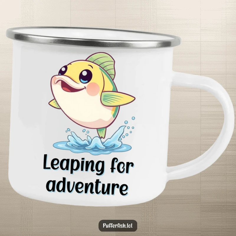 Funny Cheerful Fish Camping Mug: A leaping fish with happy eyes brings humor to your outdoor beverage experience.