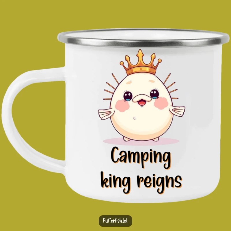 Funny Crowned Pufferfish Camping Mug: Royal Humor Design, Hilarious Funny Gift