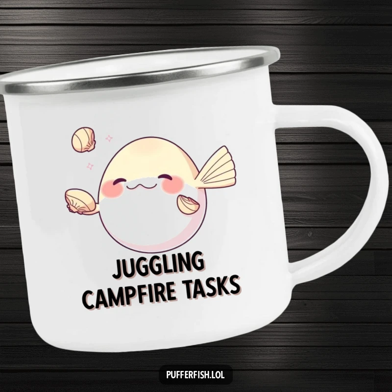 Funny pufferfish camping mug, skillfully juggling shiny seashells with its fins, a humorous and talented companion for adventures.