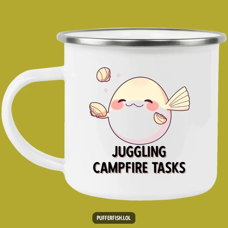 Funny Juggling Pufferfish Camping Mug: Seashell Skill Humor, Hilarious Funny Gift