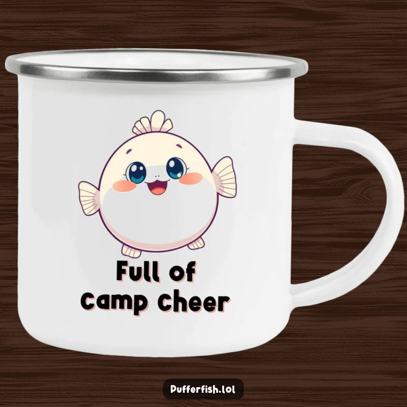 Funny camping mug showing a kawaii pufferfish joyfully inflating, perfect for outdoor use with an adorable and humorous theme.