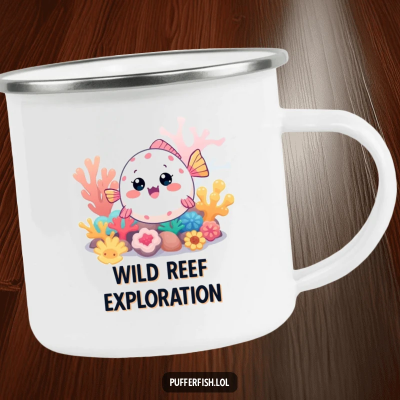Funny Kawaii pufferfish camping mug, a cute fish excitedly exploring a colorful coral reef, perfect for outdoor beverages.