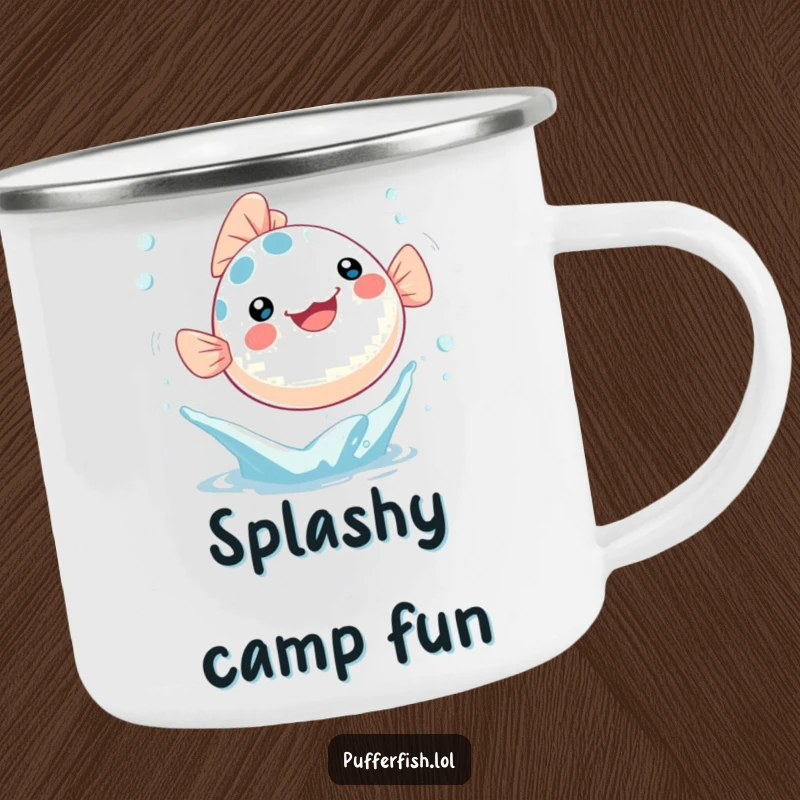 Funny Camping Mug featuring a Kawaii pufferfish joyfully leaping out of a water splash with bubbles, for outdoor fun.