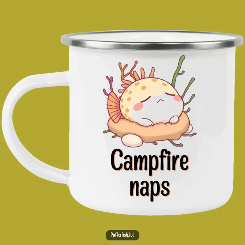 Funny Napping Pufferfish Camping Mug - Relaxed Outdoor Sipping, Perfect Outdoorsy Funny Gift
