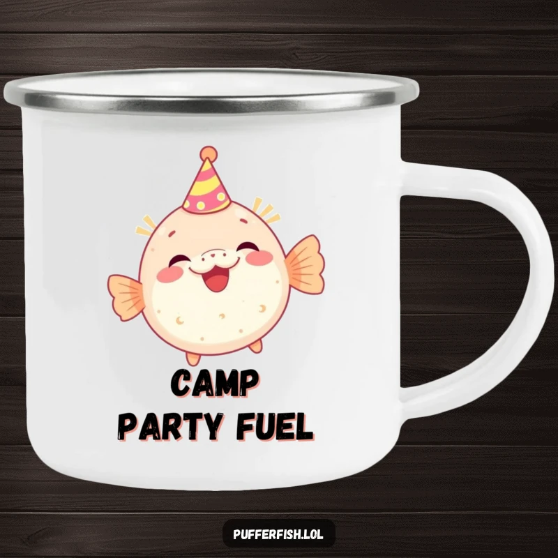 Funny camping mug showing a pufferfish character wearing a tiny party hat and giggling, perfect for outdoor use with a festive and humorous theme.