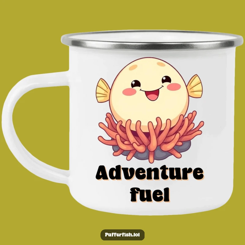 Funny Pufferfish Bounce Camp Mug: Smiling Fish Adventure, Perfect Funny Gift