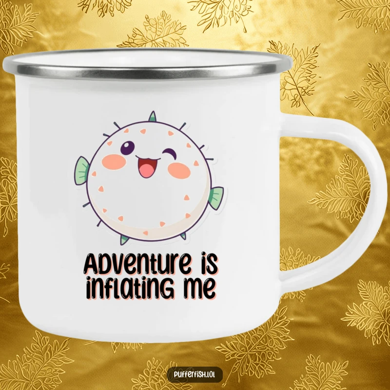Funny pufferfish camping mug, a round character bursting with cheerful, bubbly energy, ready for outdoor adventures, a durable funny gift.