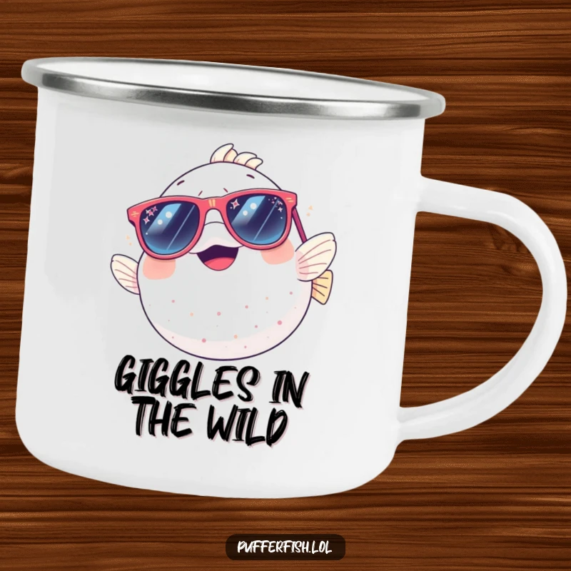 Funny camping mug: a happy pufferfish giggling outdoors while wearing large, sparkly sunglasses, perfect for adventurous sipping.