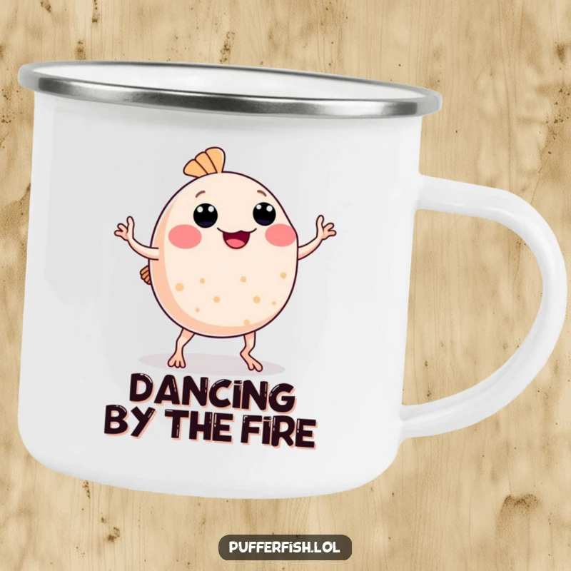 Funny Pufferfish Camping Mug: A sturdy mug featuring a pufferfish comically dancing with wobbly arms and legs, perfect for outdoor fun.