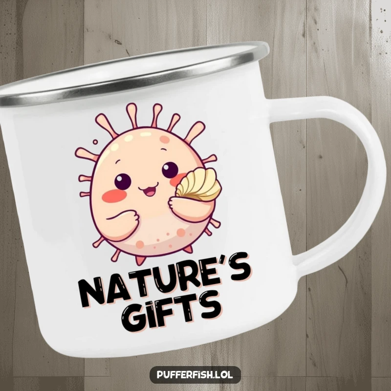 Funny camping mug with a cute pufferfish waving and offering a seashell, perfect for enjoying drinks outdoors with a smile.