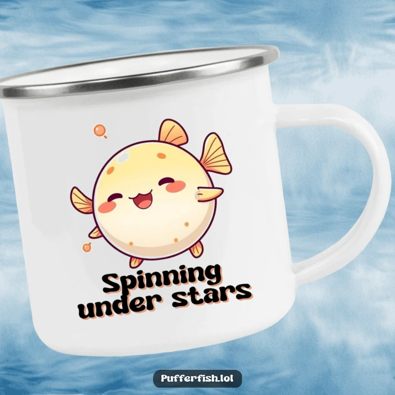 Funny Pufferfish Spinning Camping Mug: A cute pufferfish playfully spins in a circle, perfect for drinks by the campfire.