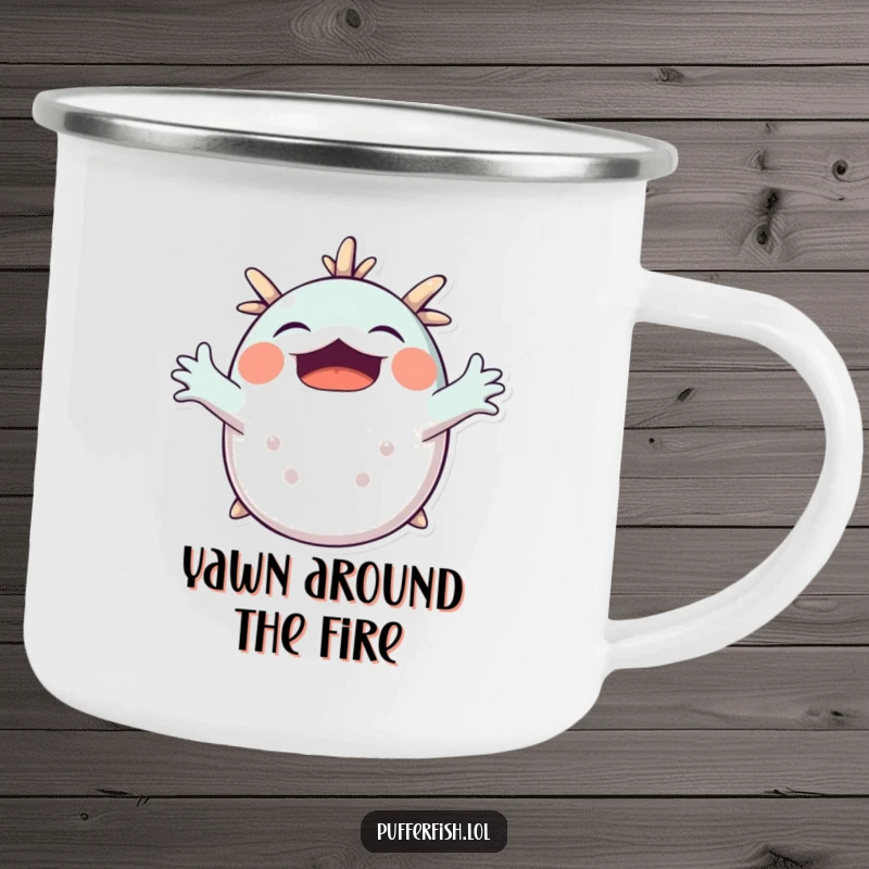 Funny Pufferfish Yawning Camping Mug: A cute pufferfish stretches its arms in a big yawn, perfect for morning drinks by the campfire.