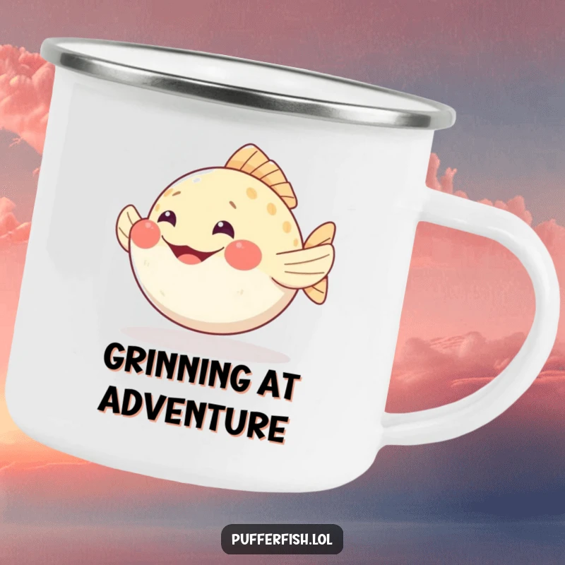 Funny pufferfish camping mug wiggling fins with a happy grin, a durable and humorous drinkware for outdoor lovers.