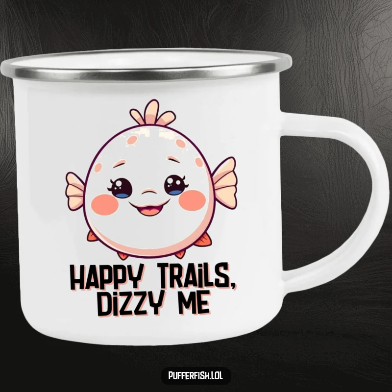 Funny Dizzy Pufferfish Camping Mug: A durable mug featuring a slightly dizzy pufferfish with an exaggerated, playful smile, ready for outdoor adventures.