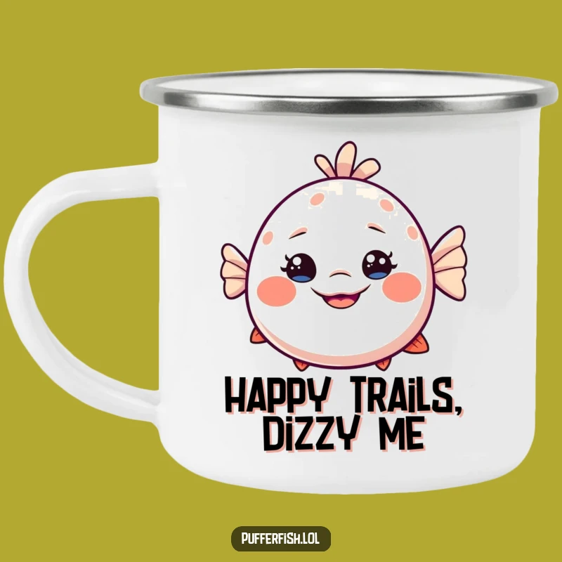 Adventure-Ready Funny Dizzy Pufferfish Camping Mug: Goofy Grin, Humorous Gift for Campers