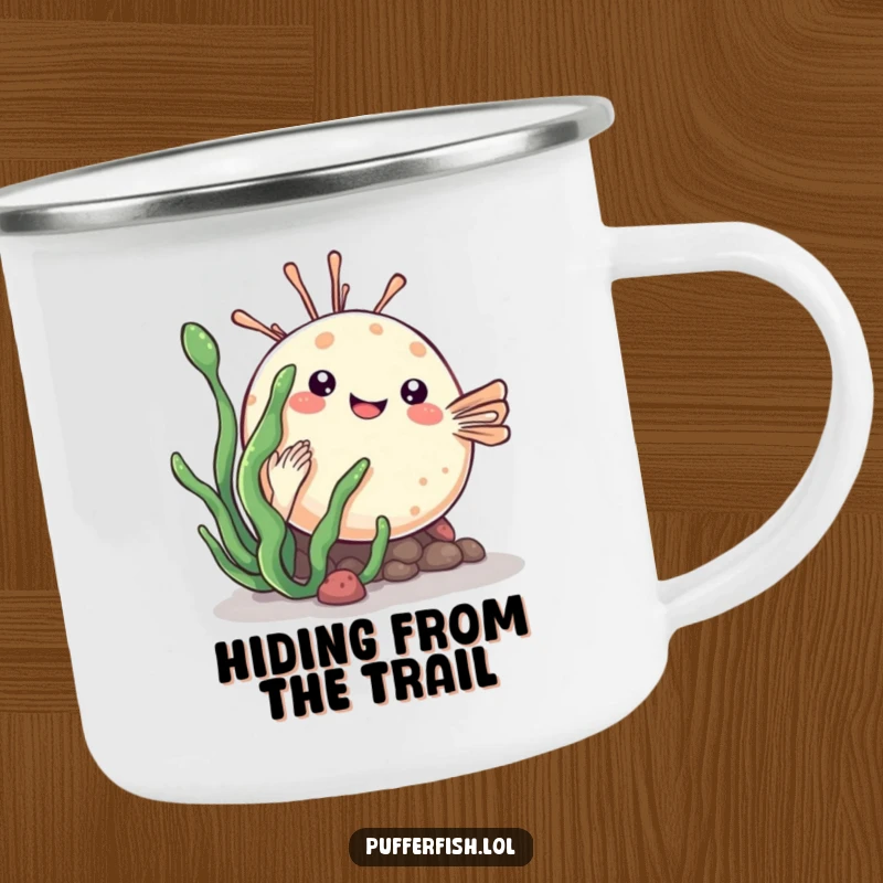 Funny kawaii pufferfish camping mug playfully hiding behind a sea plant, a durable and cute drinkware for outdoors.