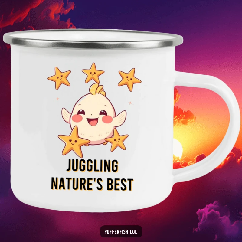 Funny Puffy Fish Camping Mug: A happy fish juggles starfish, ready for outdoor escapades with a humorous vibe.