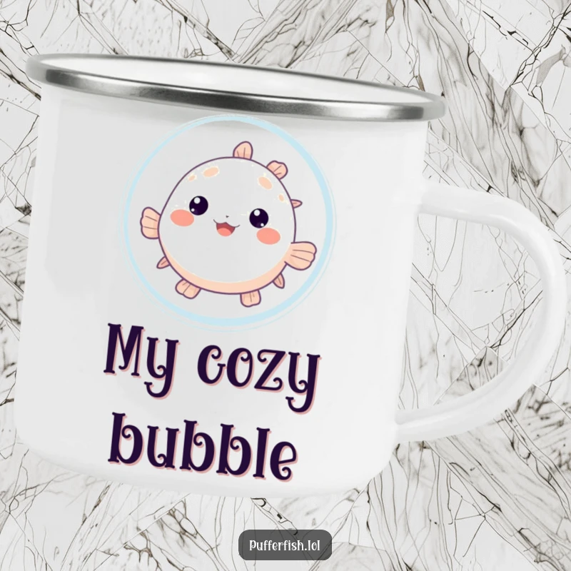 Funny Pufferfish Bubble Camping Mug: A cute pufferfish peeks from behind a large bubble, perfect for drinks by the campfire.