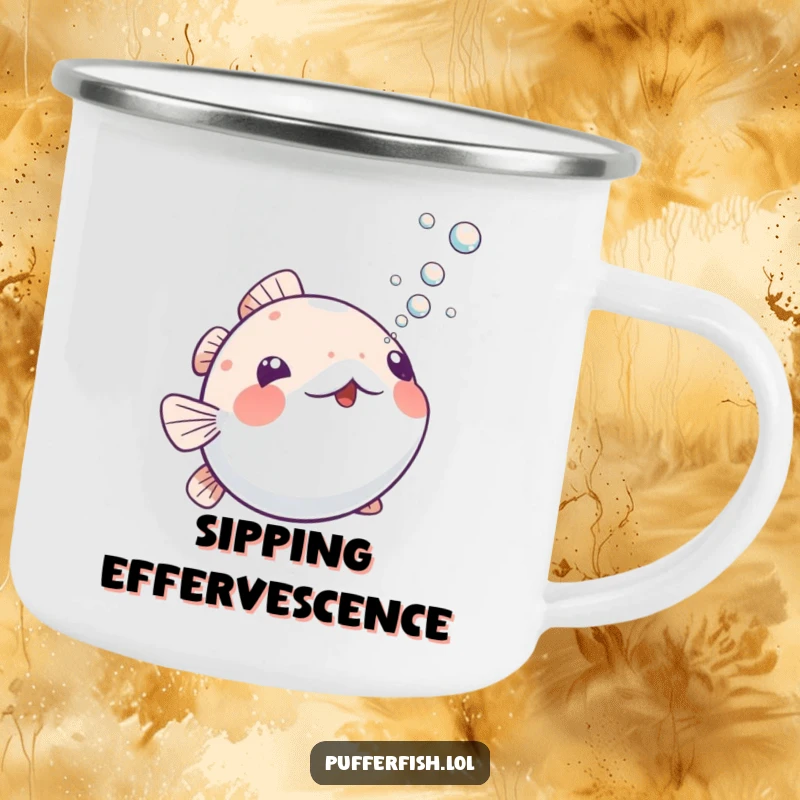 Funny Playful Pufferfish Camping Mug: A sturdy mug with a pufferfish blowing bubbles upwards, perfect for outdoor adventures and humorous enjoyment.