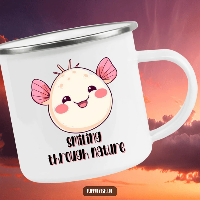 Funny kawaii pufferfish camping mug, waving fins with a silly smile, ready for outdoor fun and adventures, a durable funny gift.