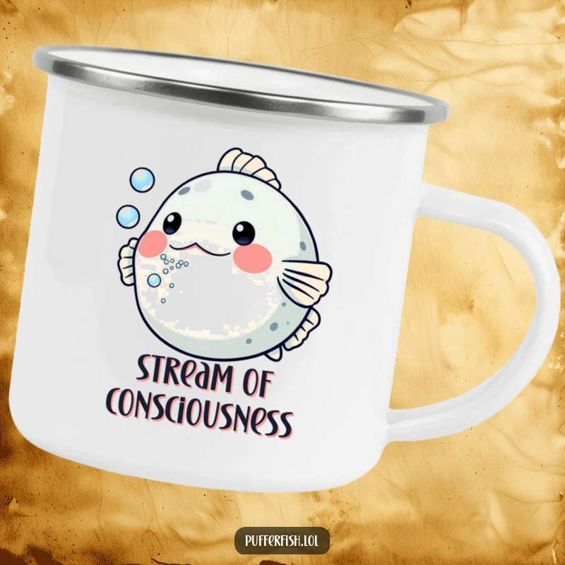 Funny Pufferfish Camping Mug: A sturdy mug featuring a pufferfish comically blowing a stream of tiny bubbles, perfect for outdoor fun.