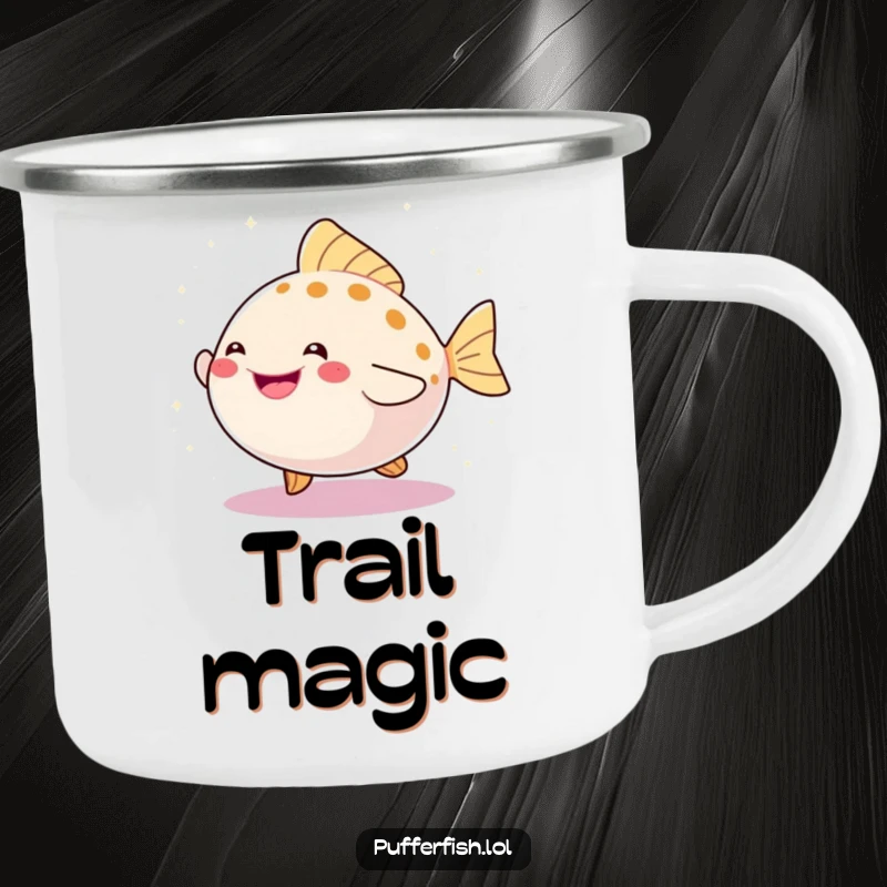 Funny camping mug with a happy pufferfish dancing energetically amid a swirl of dazzling sparkles, ready for outdoor fun.