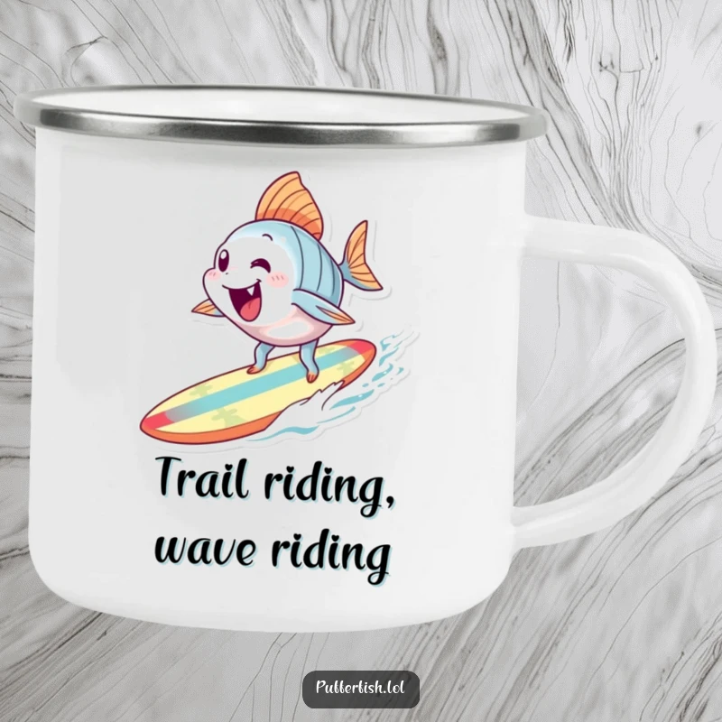 Funny Surfing Fish Camping Mug: A durable mug featuring an excited fish character surfing on a tiny surfboard, ready for outdoor adventures.