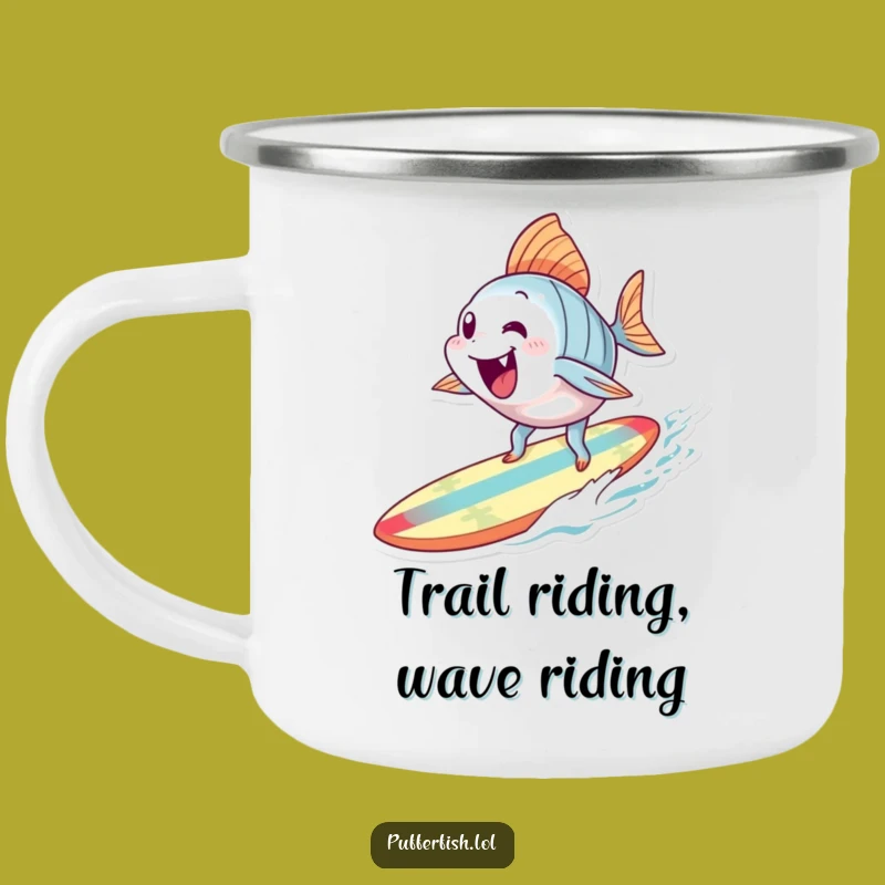 Adventure-Ready Funny Surfing Fish Camping Mug: Ocean Rider, Humorous Gift for Campers