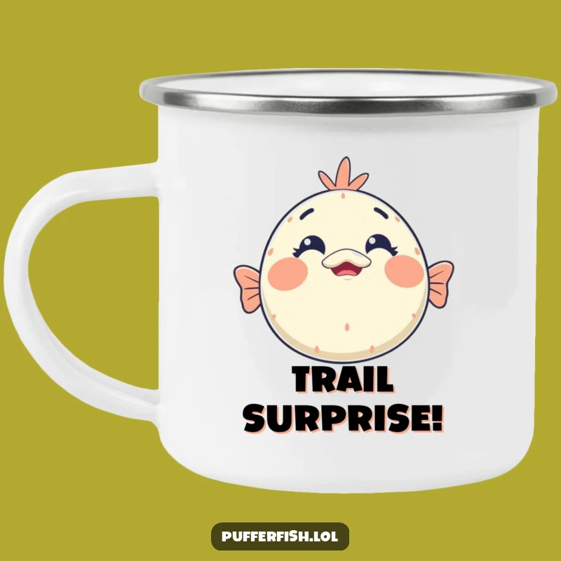 Funny Kawaii Pufferfish Surprise Enamel Mug: Shocked Face for Adventures, Perfect Funny Gift