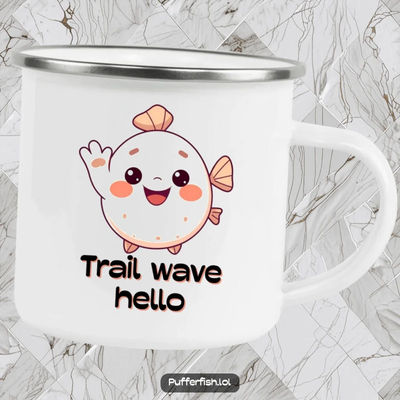 Funny Kawaii pufferfish camping mug, a cute fish giving a cheerful wave with a big smile, perfect for outdoor beverages.