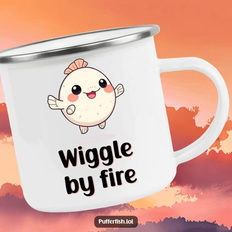 Funny kawaii pufferfish camping mug, happily dancing with wiggling fins, perfect for outdoor fun and as a funny gift.