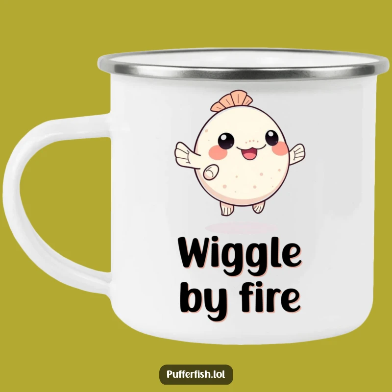 Funny Kawaii Pufferfish Camping Mug: Happy Dance for Outdoor Fun