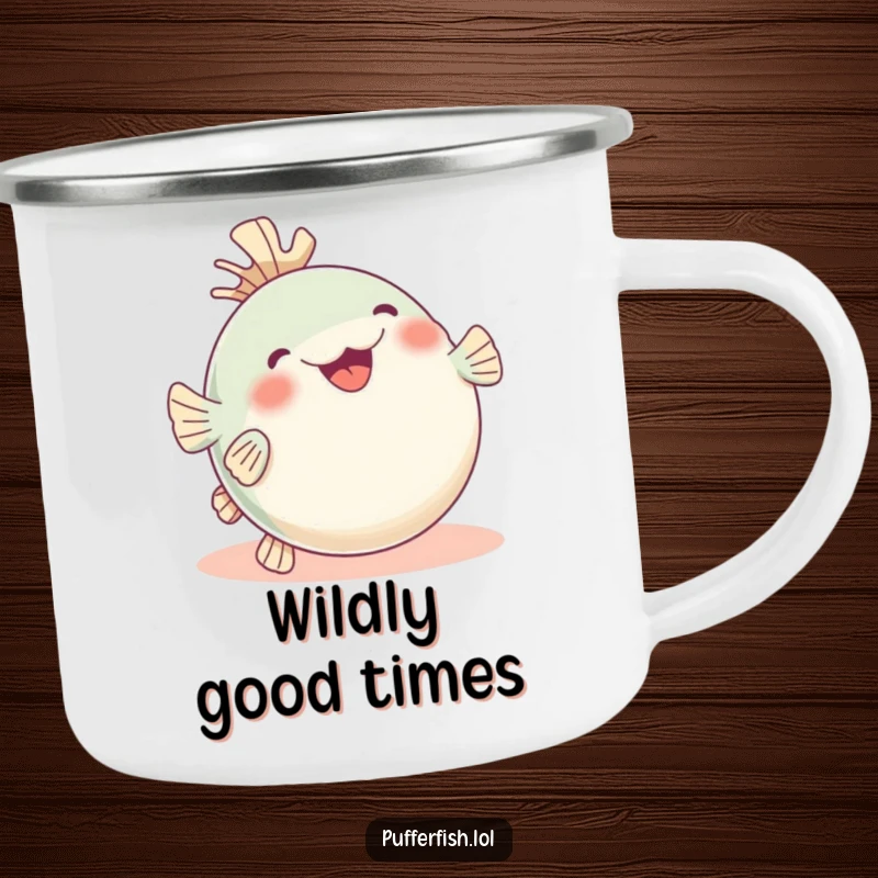Funny pufferfish camping mug, hilariously rolling with glee, fins up high, a joyful and humorous companion for adventures.