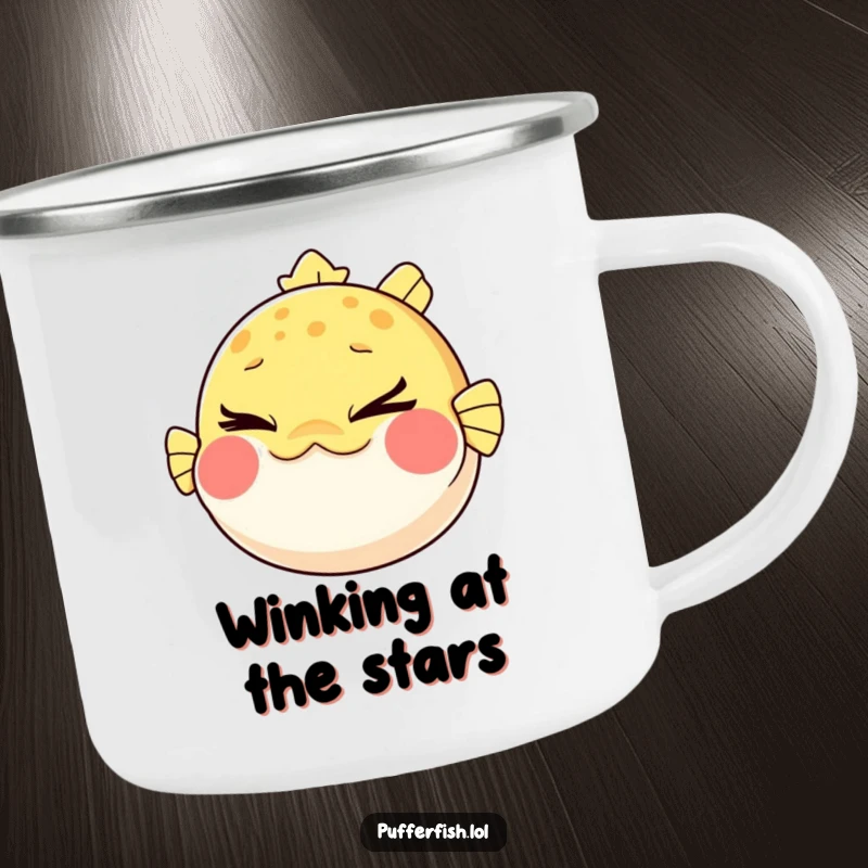 Funny Pufferfish Camping Mug: A sturdy mug featuring a pufferfish comically puffing its cheeks and winking mischievously, perfect for camp.