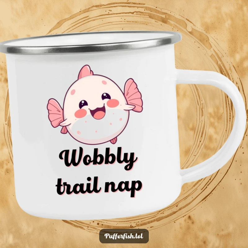 Funny kawaii pufferfish joyfully swimming on its back in a wobbly motion, a durable and humorous camping mug.