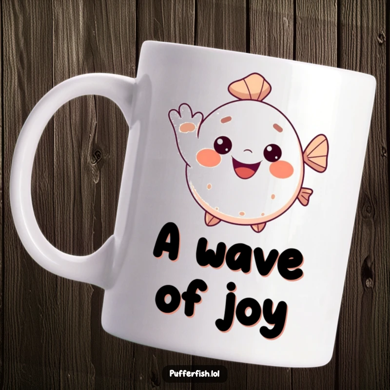 Funny Kawaii pufferfish mug, a cute fish giving a cheerful wave with a big, friendly smile, radiating happiness.