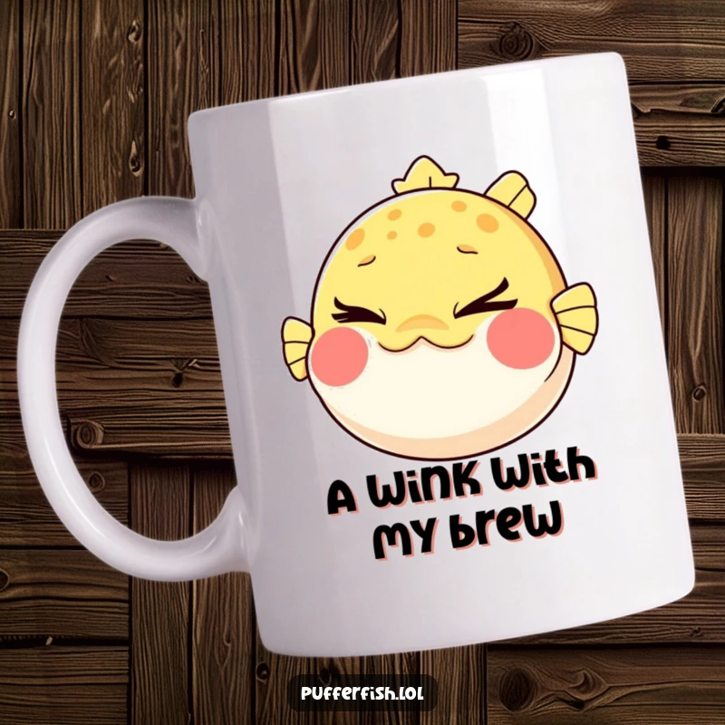 Funny Pufferfish Mug: A cartoon pufferfish with cheeks puffed out, giving a mischievous wink, exuding playful confidence.