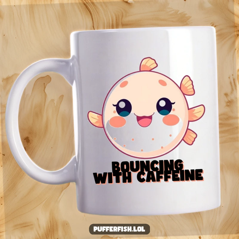 Funny mug showcasing a round pufferfish character gleefully bouncing like a ball, radiating pure, uncontained energy and happiness.
