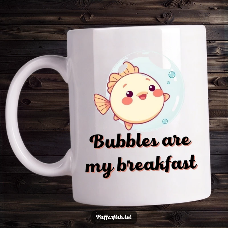 Funny kawaii pufferfish mug, playfully bouncing an oversized bubble, showcasing its adorable and fun underwater antics.