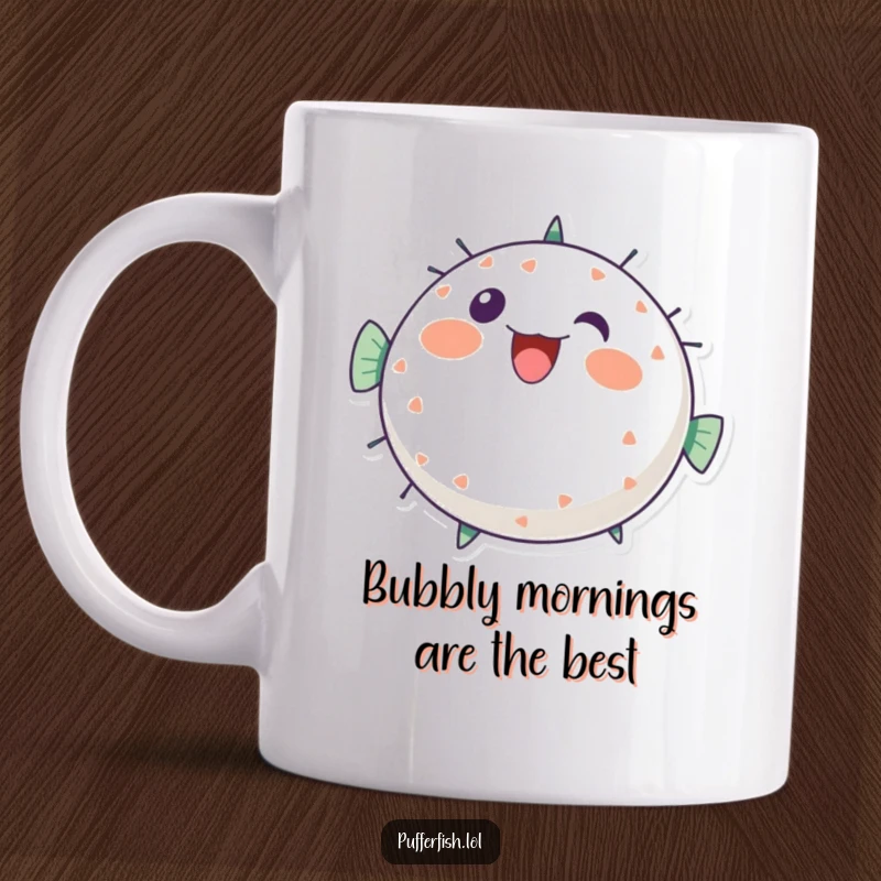 Funny round pufferfish mug illustration, bursting with cheerful, bubbly energy and a vibrant, happy expression, perfect for a funny gift.