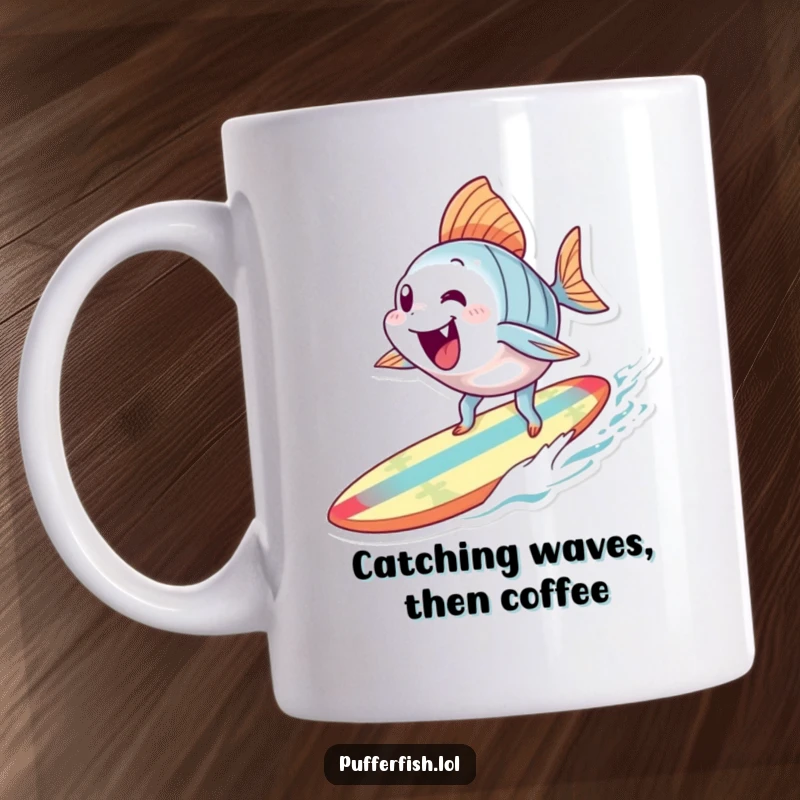 Funny Surfing Fish Mug: An excited fish character is joyfully attempting to surf on a small, colorful surfboard in the ocean.