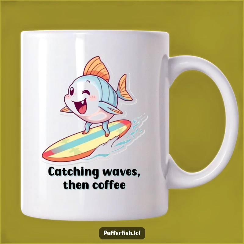 Funny Surfing Fish Mug: Exhilarated Ocean Rider, Perfect Humorous Gift for Beach Lovers