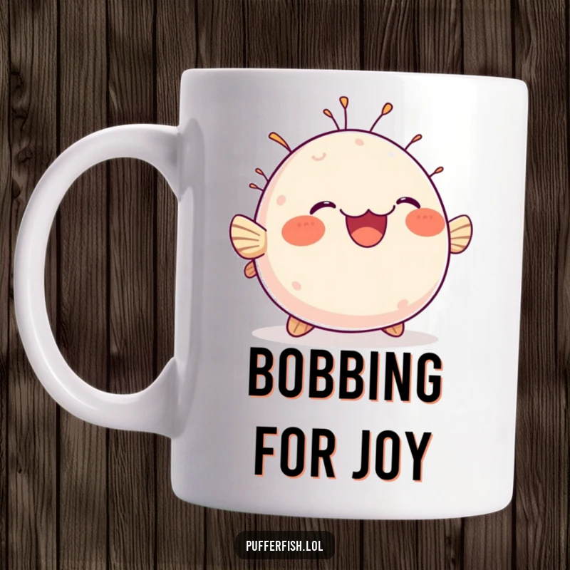 Funny mug showcasing a chubby, round pufferfish bobbing happily up and down with a wide, delighted expression.