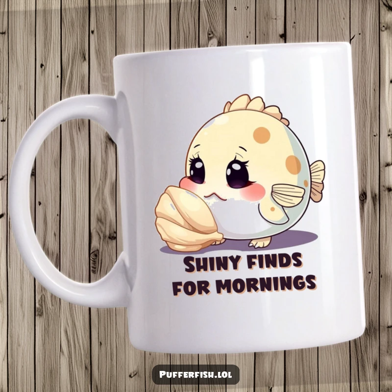 Funny mug depicting a curious pufferfish character inspecting a shiny seashell with comically wide eyes, showcasing its intense wonder and fascination.
