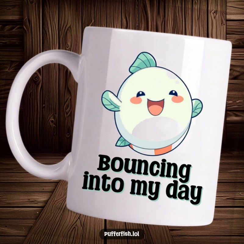 Funny Mug showing a round, inflated fish character joyfully bouncing high on a colorful beach ball.