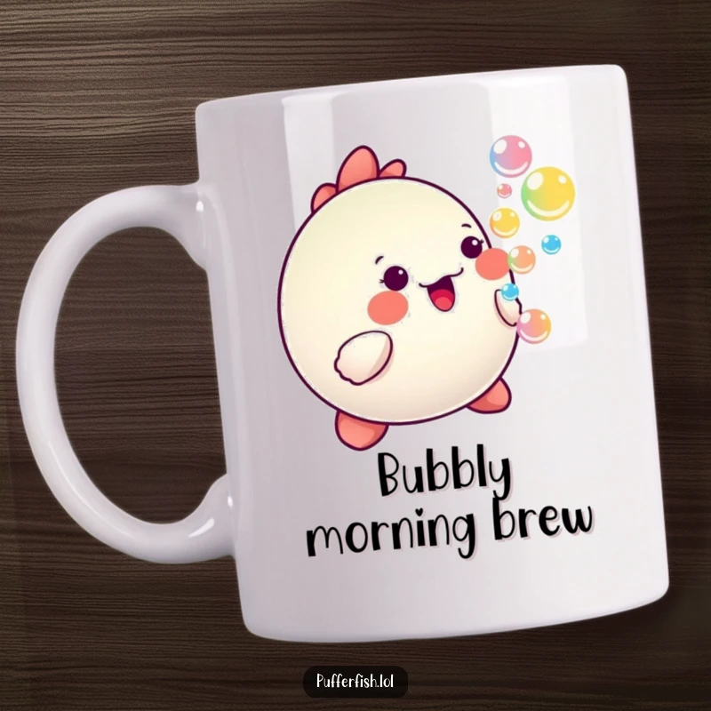 Funny Kawaii pufferfish joyfully blowing a stream of vibrant, colorful bubbles, depicted on a happy mug.
