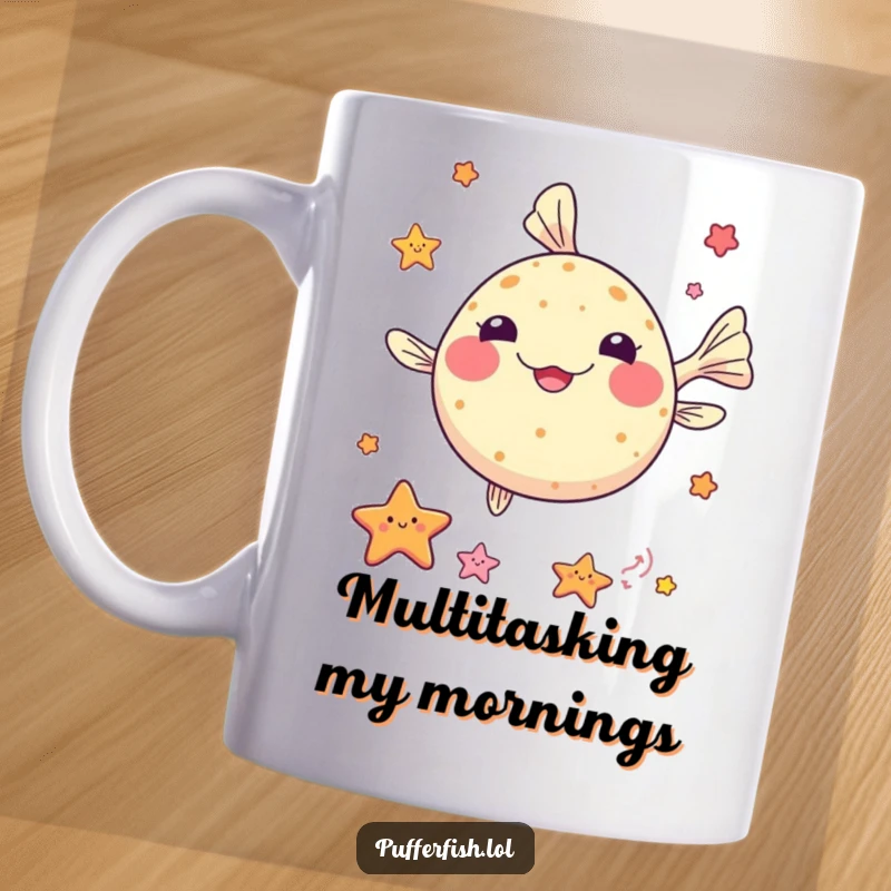 Funny kawaii pufferfish mug, juggling small colorful sea stars, showcasing its impressive underwater talent and cute charm.