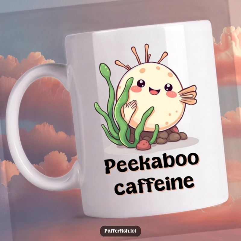 Funny kawaii pufferfish mug playfully hiding behind a sea plant, peeking out with a shy, cute expression.